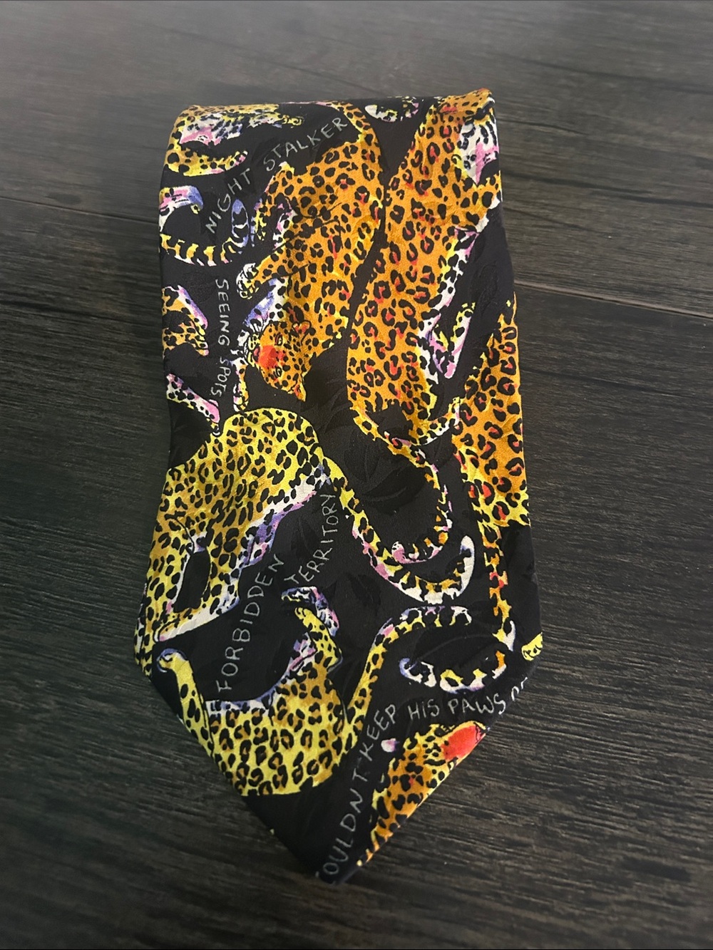 Nicole Miller Vintage 1992 Silk Leopard Print Neck Tie - Black & Yellow